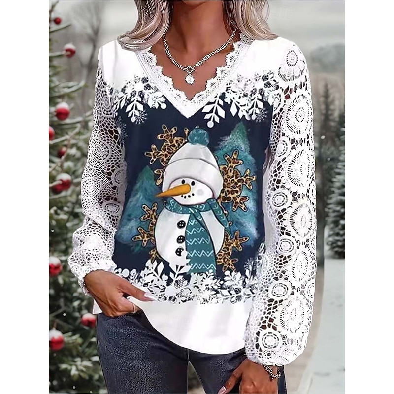 Christmas Women's Shirt Santa Claus Christmas Tree Snowflake Elegant Vintage Cute Long Sleeve V Neck Regular Tops Party Evening Wear Daily Holiday Contrast Lace Patchwork Buttons Red Purple Green2