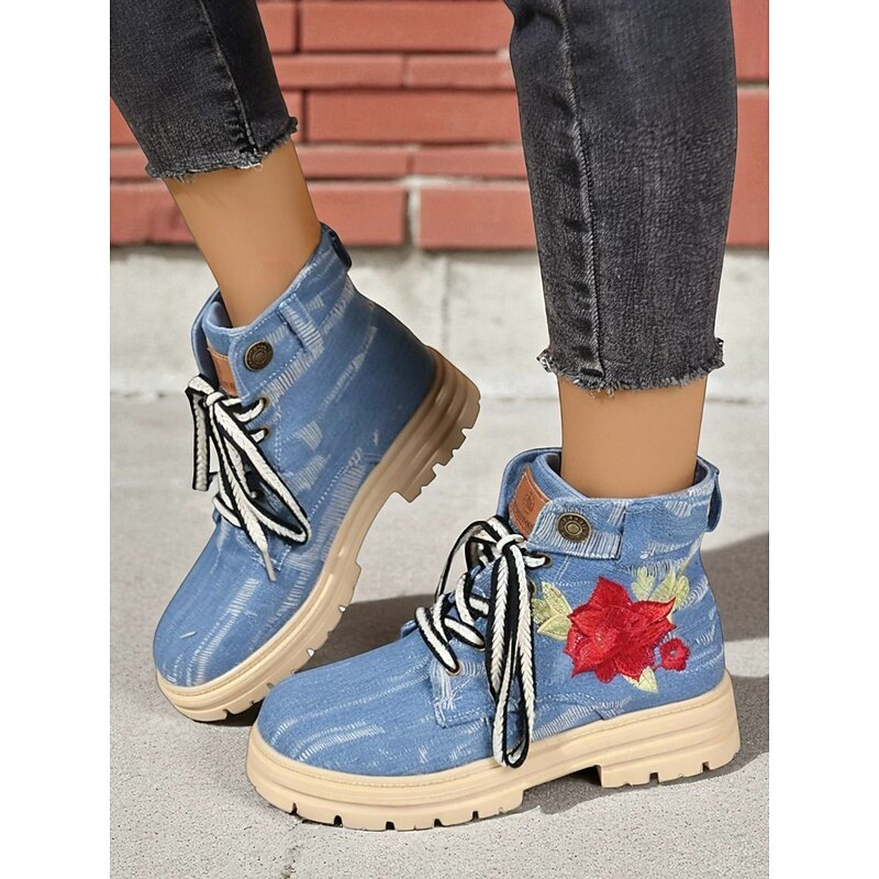 Women's Blue Denim Lace-Up Ankle Boots with Red Rose Embroidery and Chunky Non-Slip Sole, Stylish Casual Combat Boots for Fall Winter Outfits3