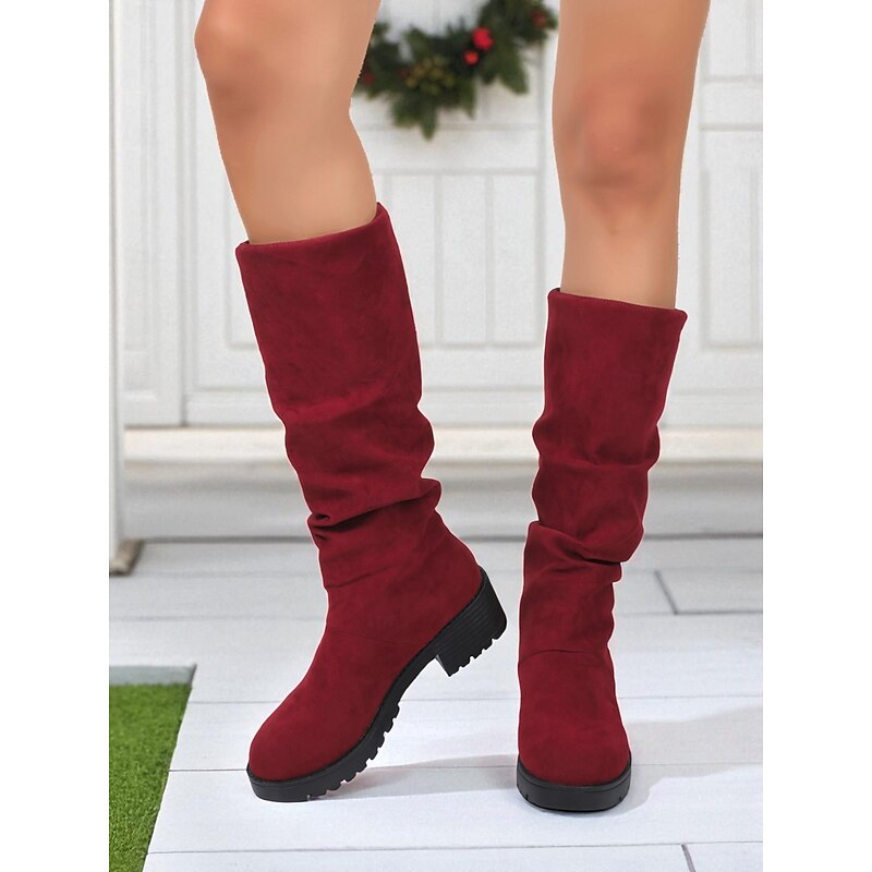 Women's Burgundy Faux Suede Slouchy Boots with Non-Slip Sole, Casual Mid Calf Boots for Christmas, Outdoor & Everyday Wear2