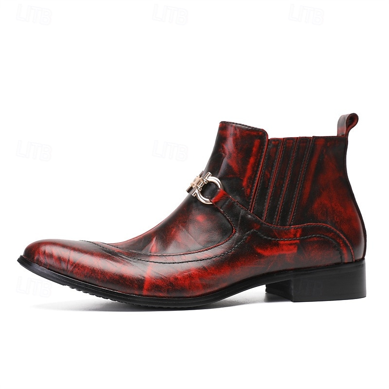 Men's Red Genuine Leather Monk Strap Ankle Boots with Burnished Finish and Buckle Detailing, Cowhide Dress Boots for Parties, Concerts and Fashion Events4