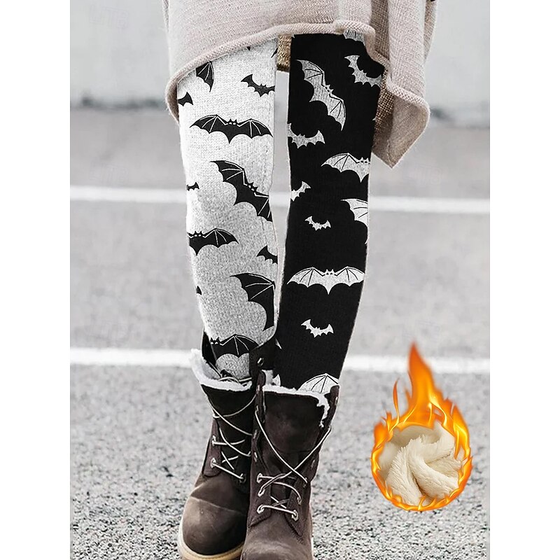Women's Fleece Pants Leggings Vacation Vintage Ethnic Style Full Length High Waist Graphic Cat Thermal Warm Comfy Comfortable Stretchy Outdoor Causal Casual Black White Fall Winter Slim Fit2