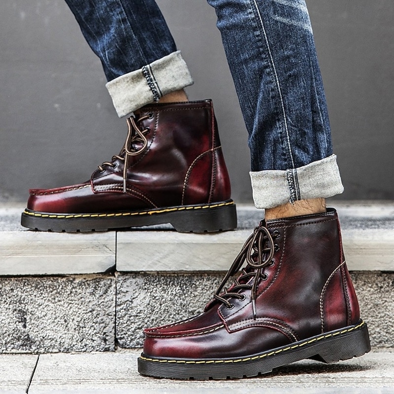 Men's Burgundy Leather Lace-Up Work Boots, Vintage Casual Ankle Combat Booties, Durable Outdoor & Daily Wear Shoes