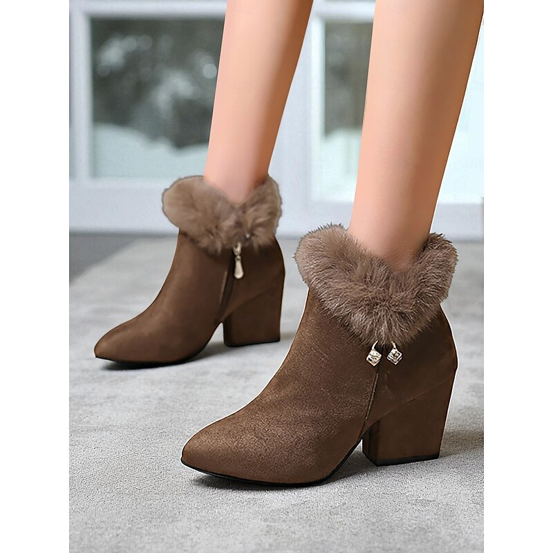 Women's Brown Faux Suede Block Heel Ankle Boots with Plush Fur Collar and Rhinestone Charm - Warm Winter Dress Boots for Work and Holiday3