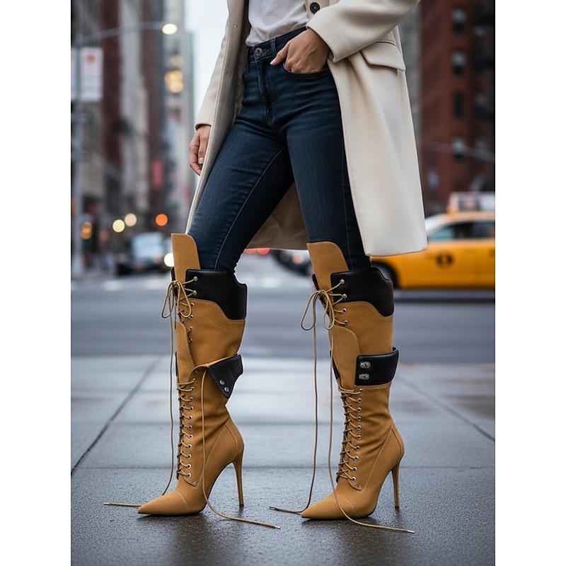 Women's Lace-Up Knee High Boots with Stiletto Heels - Brown Leather Pointed Toe Fashion Boots for Party, Night Out, and Fall Winter Outfits