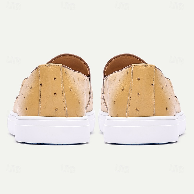 Men's Yellow Genuine Leather Ostrich Pattern Loafers with Soft Insole and Non-Slip Rubber Sole, Luxury Casual Slip-On Shoes for Business and Weekend Wear4