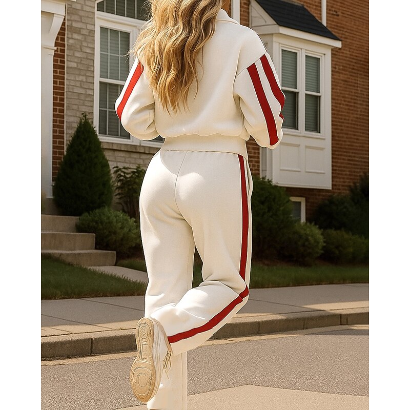 Christmas Women's Zip Up Sweatshirt 2 Piece Tracksuit Sweatsuit Sets Baggy with Pocket Stripes Clothing Suit Fall Black White Spandex Hiking Vocation Outdoor Long Sleeve Sport Activewear Micro-elastic2