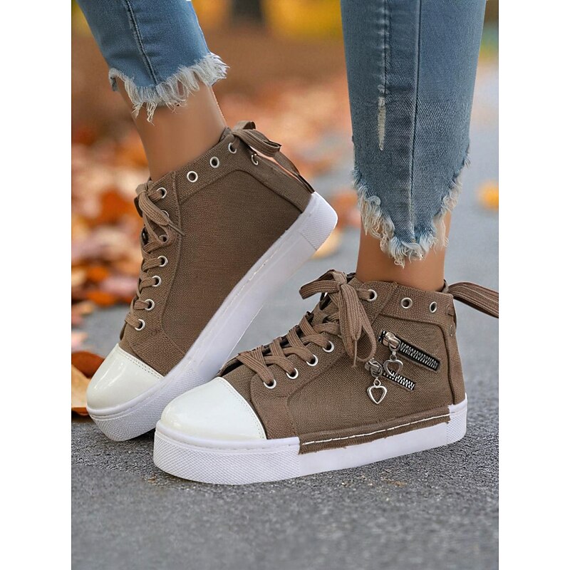 Women's Blue Canvas High Top Sneakers with White Toe Cap and Zipper Charm Detail, Casual Lace-Up Canvas Shoes for Streetwear, Travel & Everyday Outfits3