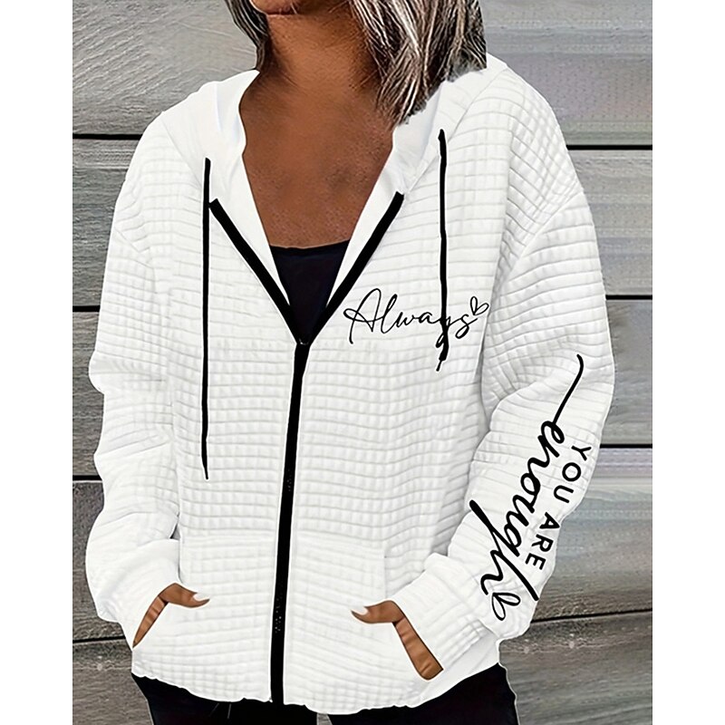 Women's Textured Jackets Zip Up Hoodies Hoodies Letter Sports Fashion Casual Long Sleeve Hooded Regular Tops Street Dailywear Zipper Pocket Print White Fall Winter