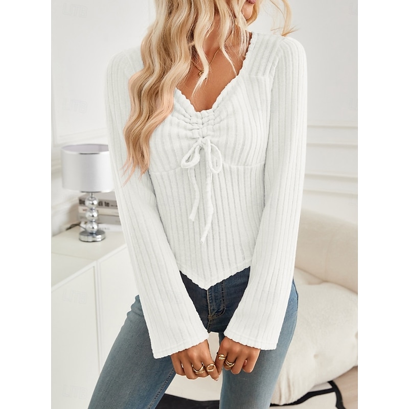 Women's Blouse Solid Color Stylish Casual Long Sleeve V Neck Regular Tops Daily Drawstring Black White Pink Apricot Spring Fall Winter2