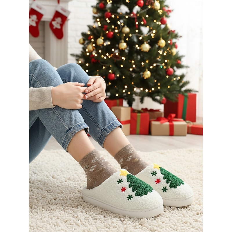 Women's White Christmas Tree Slippers with Plush Lining, Cozy Winter House Shoes for Holiday Party & Gift Giving4