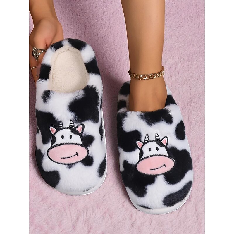 Women's Cow Print Fuzzy Slippers – Cute Plush Indoor Slip-On Shoes for Winter, Home and Lounge Comfort3