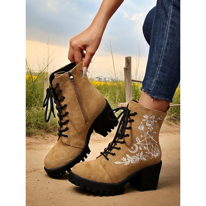 Women's Khaki Lace-Up Ankle Boots with White Floral Embroidery, Casual Faux Suede Chunky Heel Combat Style Booties for Everyday Wear3