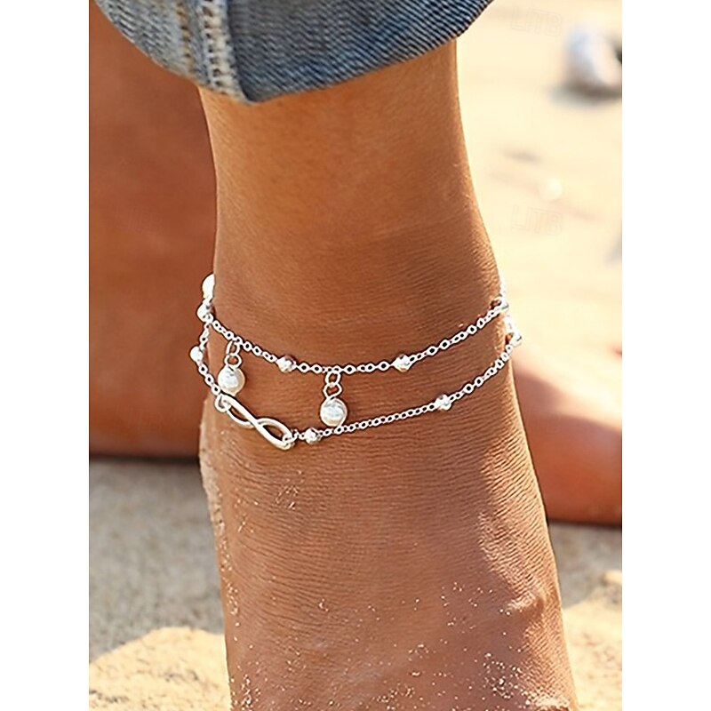 Women's Bohemian Infinity Anklet with Pearl Beads, Layered Chain Beach Jewelry for Ladies, Summer Festival and Vacation Accessories3