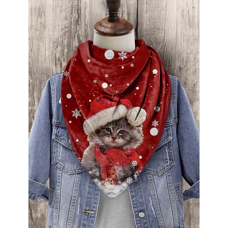Women's Christmas Cat Print Scarf, Cozy Red Triangle Neck Wrap with Santa Hat Kitten Design, Soft Winter Shawl for Holiday Parties & Gifts3