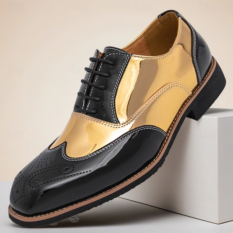 Men's Gold and Black Patent Leather Oxford Shoes with Brogue Detailing, Formal Dress Shoes for Parties, Weddings and Gatsby-Themed Events - Main Image