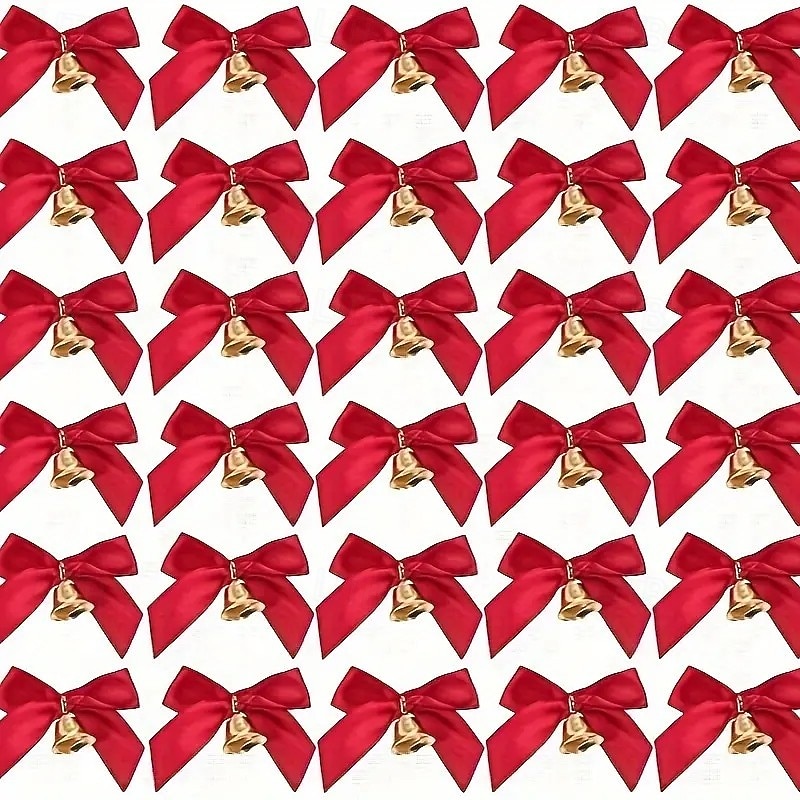 30pcs Christmas Ribbon Bows Ornaments Xmas Tree Decorations – Red Satin Mini Bows with Bells, Handmade, Shiny Metallic Accents, Perfect for Gifts, Party and Holiday Decor