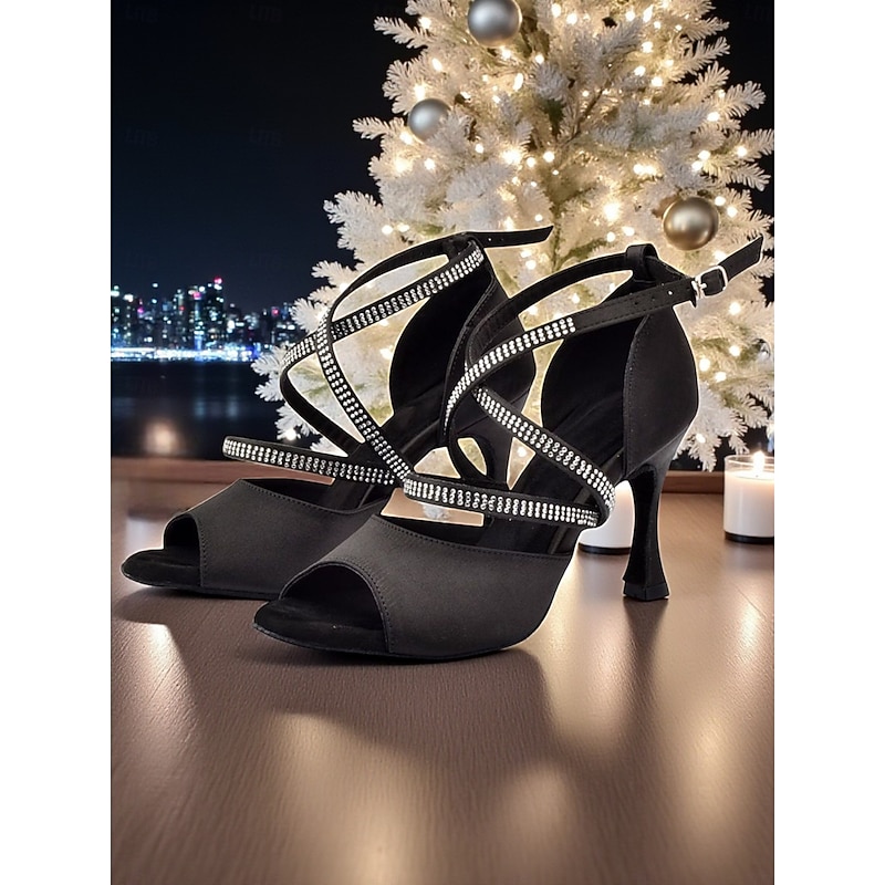 Women's Black Satin Rhinestone Strappy Latin Dance Shoes - Open Toe High Heel Sandals for Gatsby Party & Ballroom Dance2