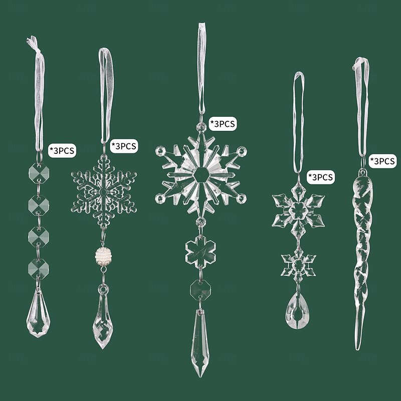 15pcs Christmas Crystal Hanging Ornaments, Transparent Acrylic Icicle and Snowflake Decorations for Xmas Tree, Holiday Home Decor3