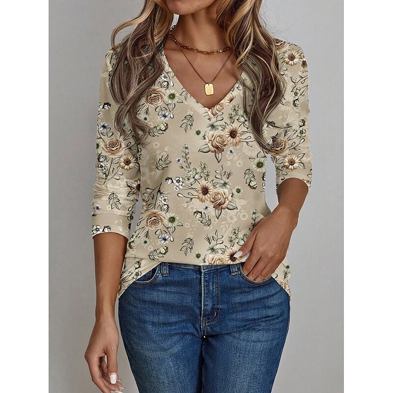 Women's T Shirt Floral Graphic Plants Vintage Stylish Classic Long Sleeve V Neck Regular Tops Daily Print Khaki Spring Fall3