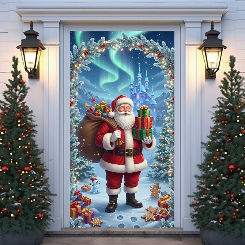 Christmas Door Cover Winter Holiday Decoration Drapes with Santa Claus Ice Castle Christmas Tree and Gift Boxes Print for Home Entryway Living Room Bedroom Indoor Outdoor Festive Seasonal Decor4