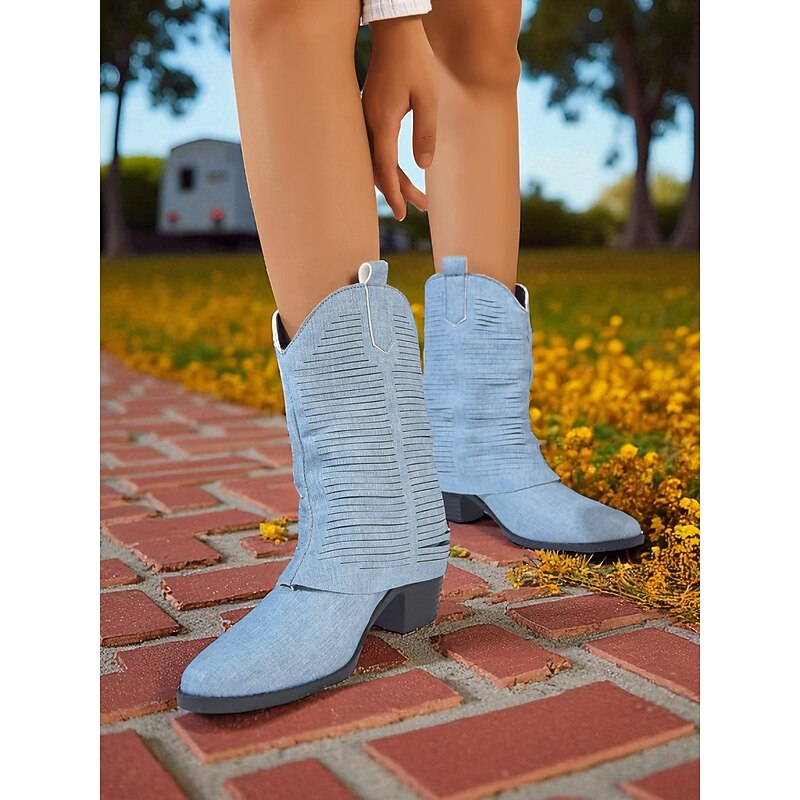 Women's Denim Western Cowboy Boots - Fashion Mid-Calf Pointed Toe Pull-On Cowgirl Boots for Rodeo, Country Concerts & Outdoor Festivals4