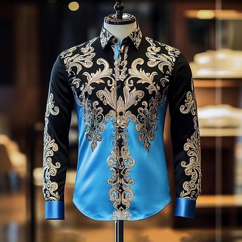 Men's Floral Print Ethnic Flowers Shirt Satin Shirt Dress Shirt Long Sleeve Vintage Retro Vacation Dailywear Summer Spring Fall Turndown 3D Print Button Up Shirts Blue Black