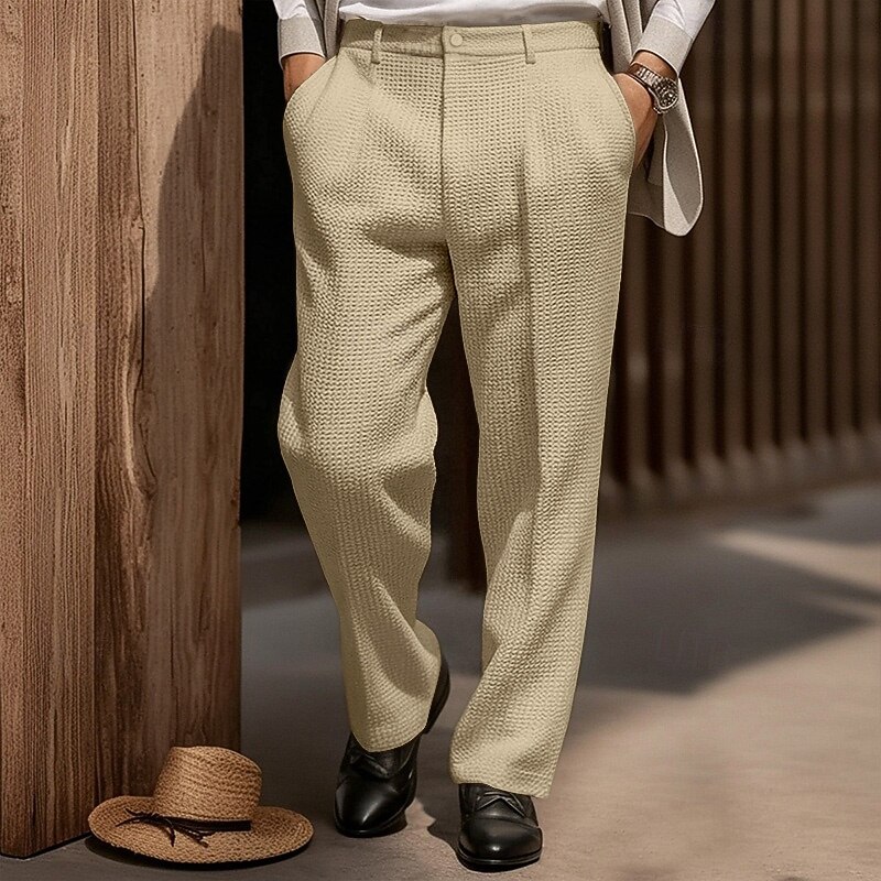 Men's Trousers Dress Pants Baggy Pants Waffle Pants Pocket Wide Leg Plain Breathable Full Length Formal Party Business Vacation Fashion Black White Inelastic4