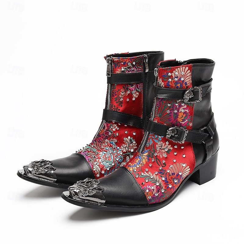 Men's Red Genuine Leather Embroidered Gothic Boots with Double Buckle Straps and Metal Toe Cap, 100% Cowhide Western Ankle Boots for Stage, Parties and Fashion Shows2