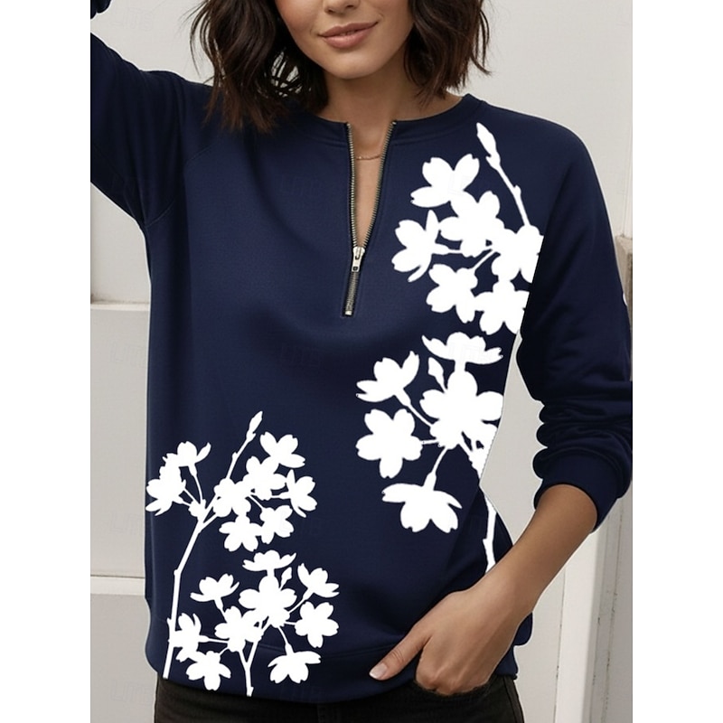 Women's Pullover Sweatshirt Zip Up Sweatshirts Floral Fashion Casual Long Sleeve Crew Neck Regular Tops Street Dailywear Casual Zipper Print Pink Navy Blue Green Spring Fall Winter2