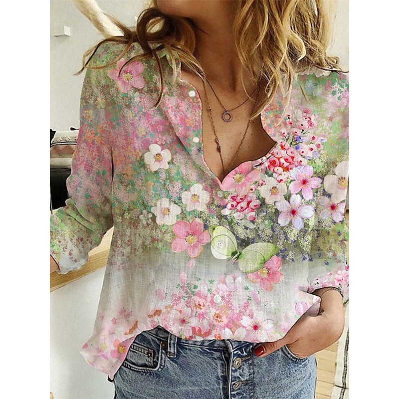 Women's Shirt Blouse Floral Stylish Casual Long Sleeve Shirt Collar Regular Tops Daily Buttons Print Purple Green Summer Spring