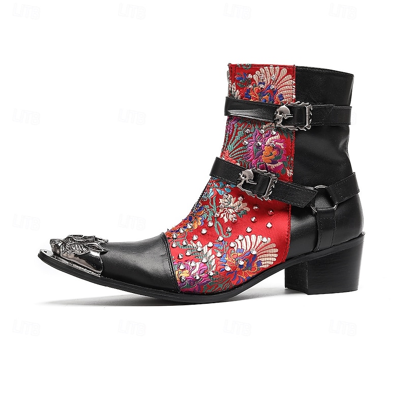 Men's Red Genuine Leather Embroidered Gothic Boots with Double Buckle Straps and Metal Toe Cap, 100% Cowhide Western Ankle Boots for Stage, Parties and Fashion Shows4