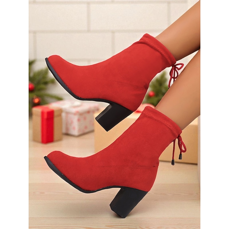 Women's Red Block Heel Ankle Boots – Stylish Sock Booties for Work, Date Nights and Christmas Fashion