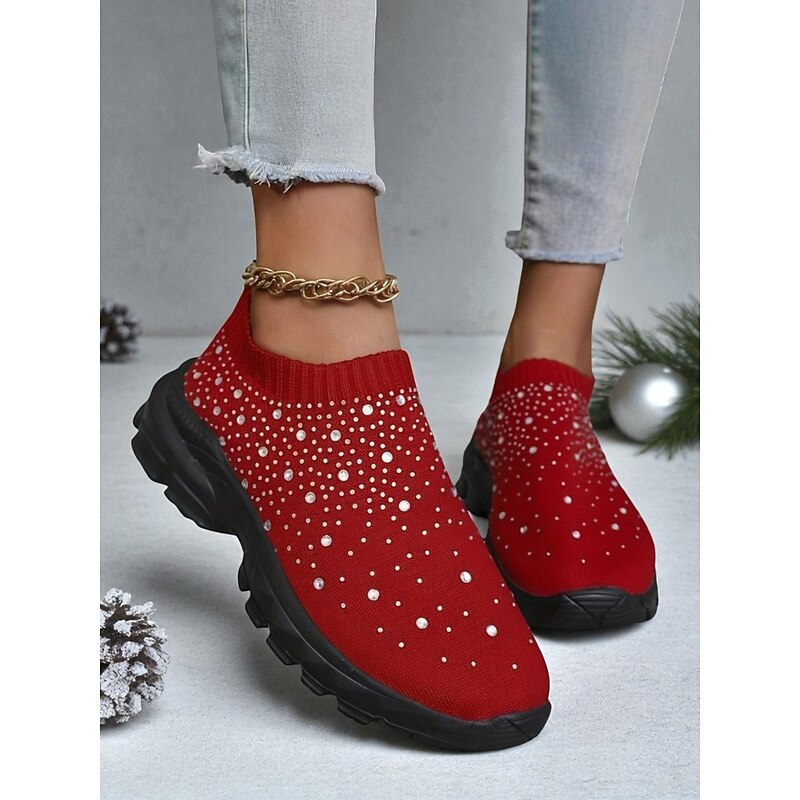 Women's Sneakers Flyknit Shoes Christmas Daily Rhinestone Flat Heel Round Toe Casual Comfort Walking City Running Tissage Volant Loafer Black White Pink