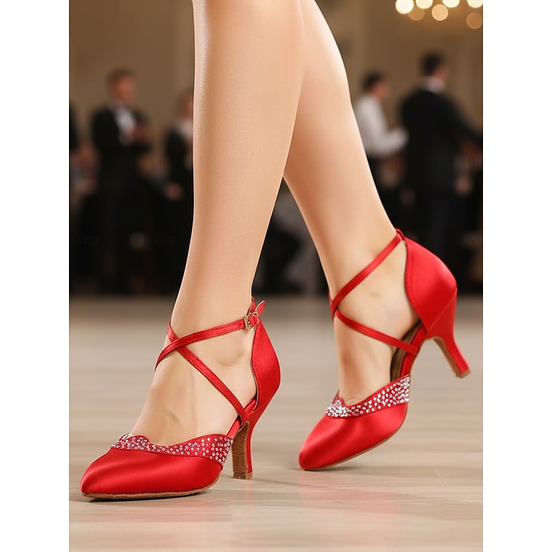 Women's Red Satin Ballroom Dance Shoes - Closed Toe Cross Strap High Heel Pumps with Rhinestone Detail for Gatsby Party & Professional Dance Party2