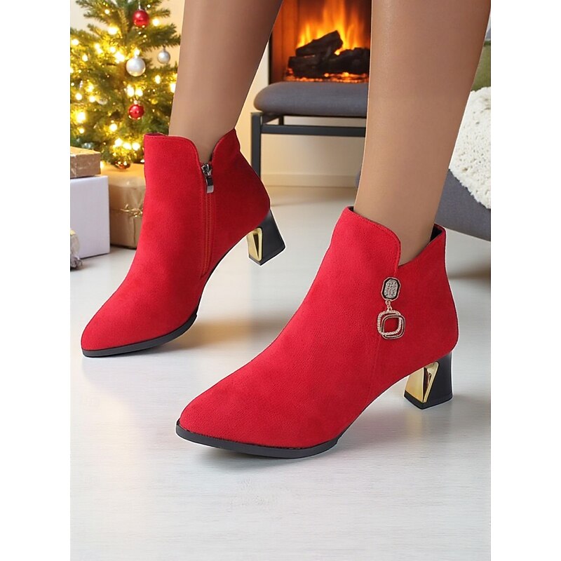 Women's Red Suede Ankle Boots with Gold Block Heels and Side Zipper, Stylish Winter Fashion Booties for Christmas Parties & Daily Outfits