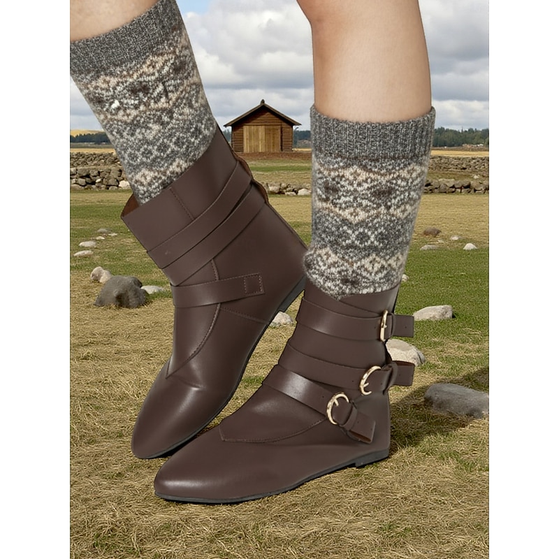 Women's Brown Faux Leather Medieval Ankle Boots with Double Buckle Detail, Perfect for Historical Reenactments, Viking Festivals and Cosplay2