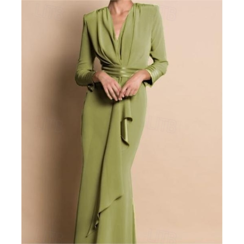 Beach Wedding Sheath Mother of the Bride Dress Formal Wedding Guest Elegant Party V Neck Sweep / Brush Train Stretch Chiffon Long Sleeve with Draping Ruching free custom size3