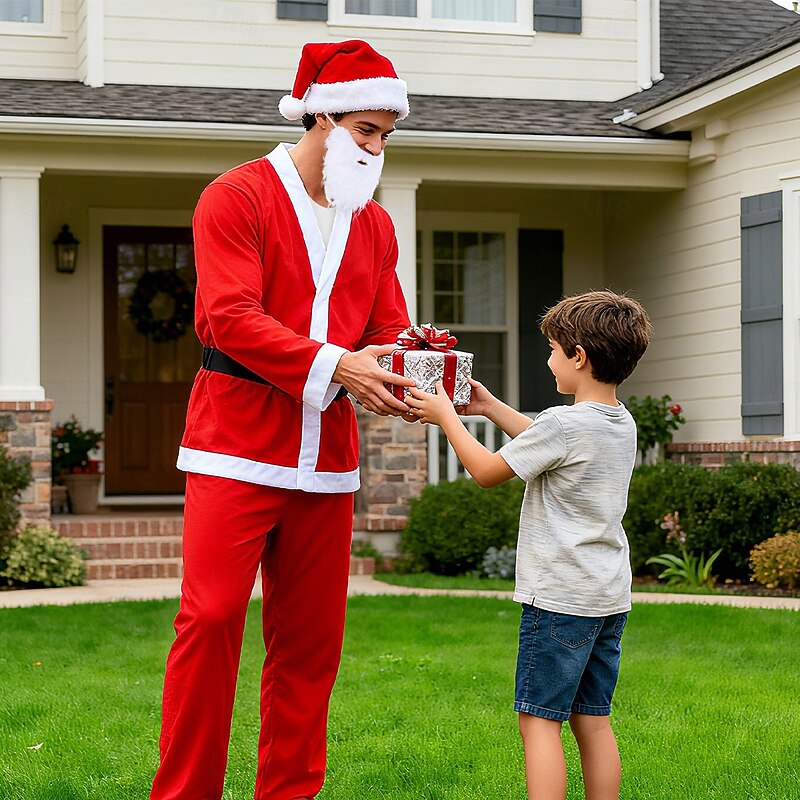 Christmas Santa Claus Costume Set, Non-Woven Fabric Christmas Outfit for Men Women, Santa Suit Dress Up Clothes, Holiday Party Cosplay Costume4