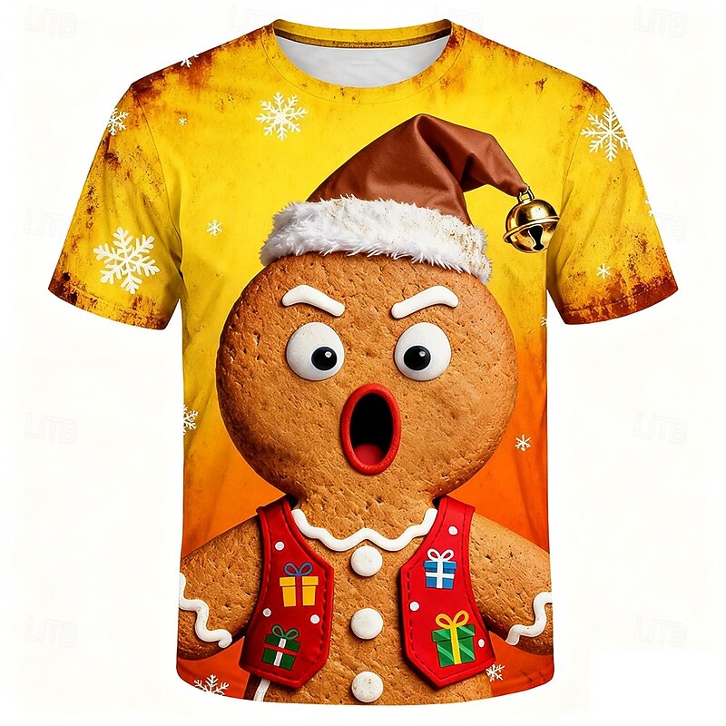 Christmas Men's Gingerbread T Shirt Short Sleeve T shirt 3D Print Crew Neck Shirt Daily Designer Artistic Vacation Party Street Yellow Pink Blue All Seasons Clothing Apparel S M L XL XXL XXXL2