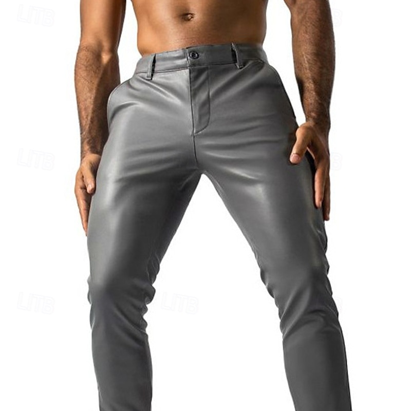 Men's Trousers Faux Leather Pants Casual Pants Pocket Plain Wearable Moisture Wicking Full Length Party Casual Daily Fashion Streetwear Black Grey Micro-elastic2