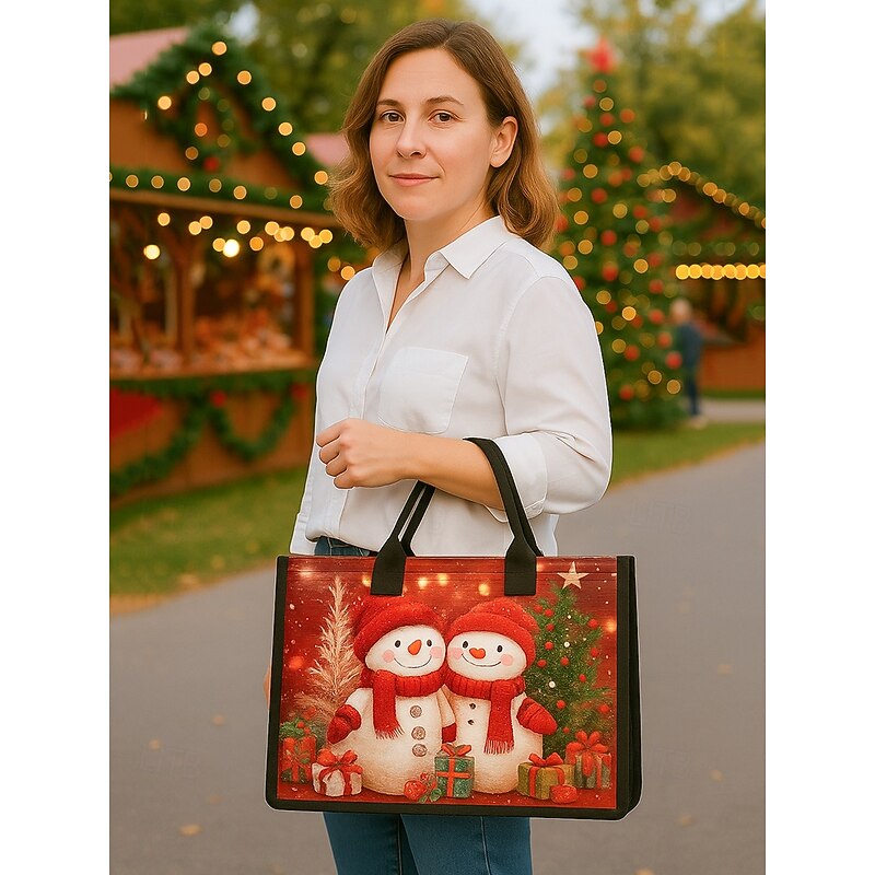 Women's Christmas Snowman Print Tote Bag, Large Capacity Canvas Shoulder Bag, Winter Holiday Gift Shopping Handbag for Women2