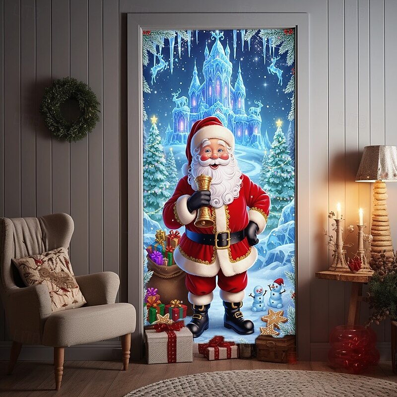 Christmas Door Cover Winter Holiday Decoration Drapes with Santa Claus Ice Castle Christmas Tree and Gift Boxes Print for Home Entryway Living Room Bedroom Indoor Outdoor Festive Seasonal Decor2