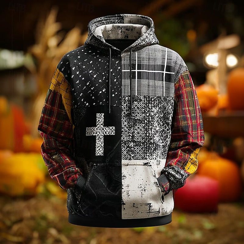 Men's American US Flag Cross Hoodie Sweatshirt Fashion Plaid Crew Neck Outdoor Office Streetwear Red Brown Drawstring Graphic Fall Winter Designer