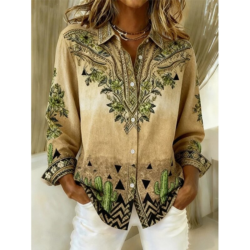 Women's Shirt Blouse Floral Graphic Geometric Bohemia Vintage Casual Long Sleeve Shirt Collar Regular Tops Daily Patchwork Buttons Print Orange Brown Green Spring Fall Winter3