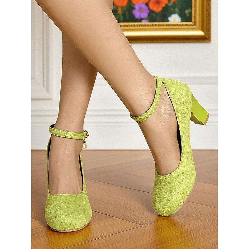 Women's Yellow Suede Block Heel Pumps with Ankle Strap and Pearl Charm - 1950s Elegant Vintage Retro Dress Shoes for Weddings, Cocktail Parties & Evening Wear2
