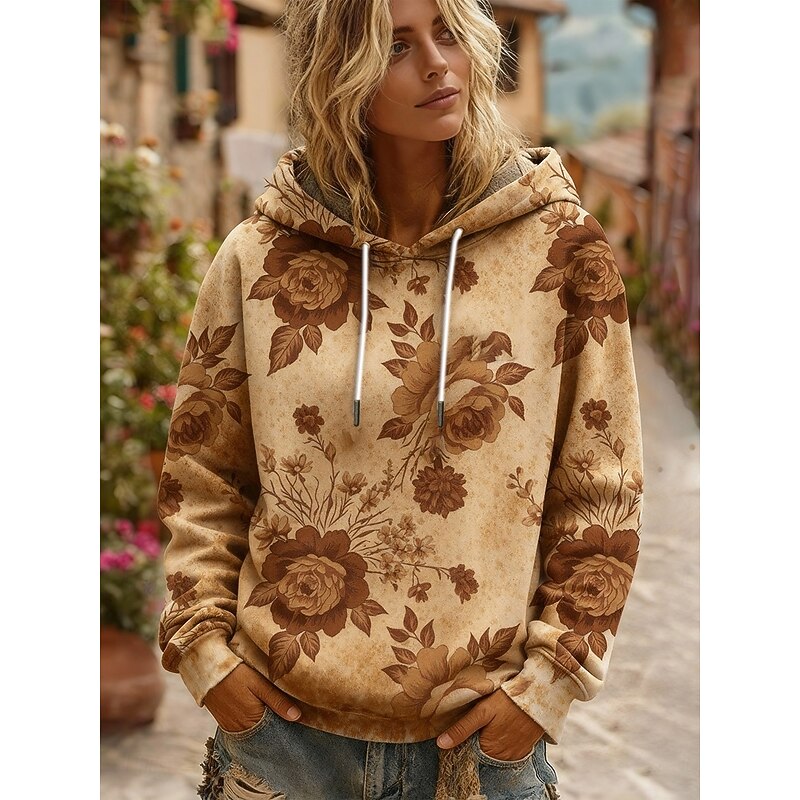 Women's Pullover Hoodies Floral Vintage Casual Long Sleeve Hooded Regular Tops Dailywear Casual Drawstring Print Khaki Spring Fall3