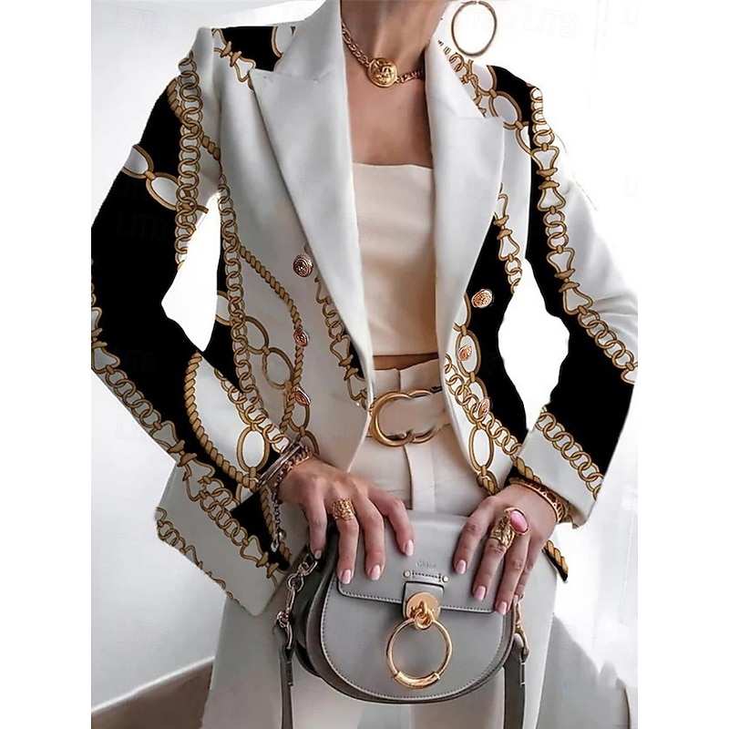 Women's Blazer Comfortable Breathable Print Casual Geometric Office Street Casual Daily Wear Open Front Regular Notch Lapel Regular Fit Long Sleeve Outerwear White Pink Blue Spring Fall2