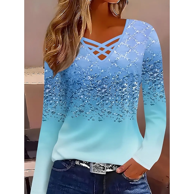 Women's T Shirt Ombre Graphic Vintage Stylish Classic Long Sleeve V Neck Regular Tops Daily Cut Out Print Blue Spring Fall