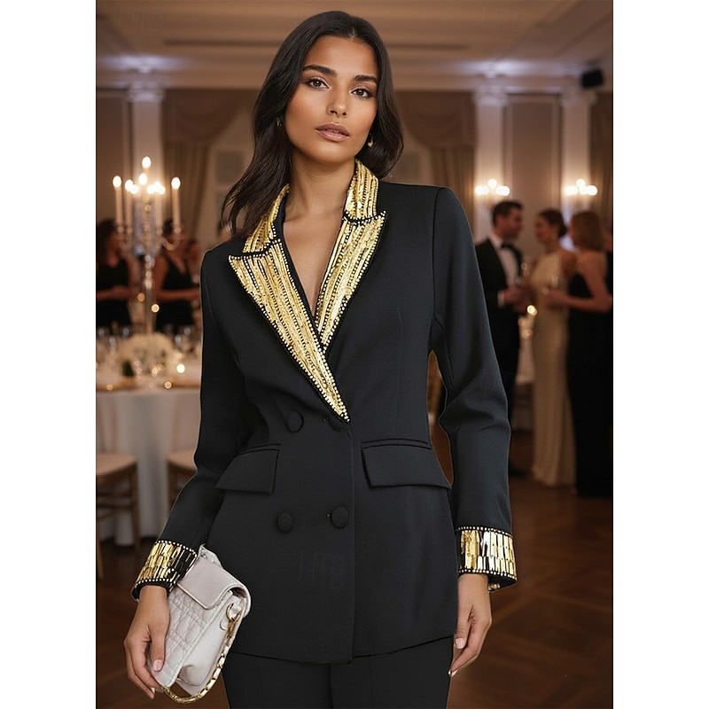 Black and Gold Sequin Women's Blazer Sport Coat Formal Wedding Guest Elegant Long Sleeve Peak Lapel Double Breasted