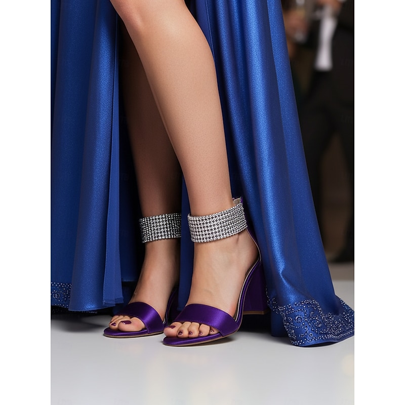 Women's Purple Satin Block Heel Sandals, Elegant Open Toe Evening Shoes with Rhinestone Ankle Strap, Perfect for Weddings, Proms & Formal Party Events2